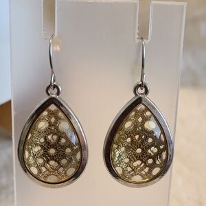 Teardrop Dangle Earrings Silver Tone Gold Lace Design Drop Earrings‎ Pre-Owned